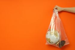Hand holding globe in a plastic bag with copy space