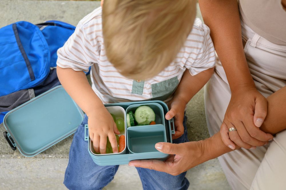 Unrecognizable mother and crop kid sitting on bench with salad lunchbox in daylight