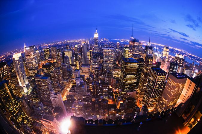 Wide angle panorama of city in night