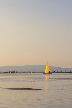 Yellow sailboat sailing in sea at dawn