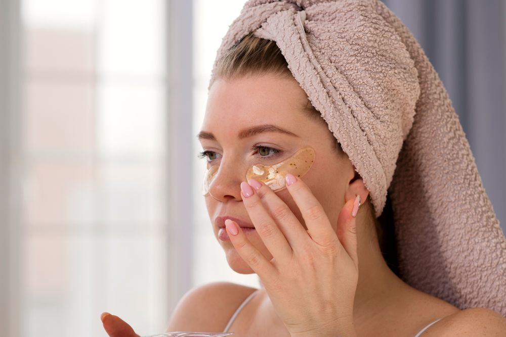 Applying eye patches in skincare routine.