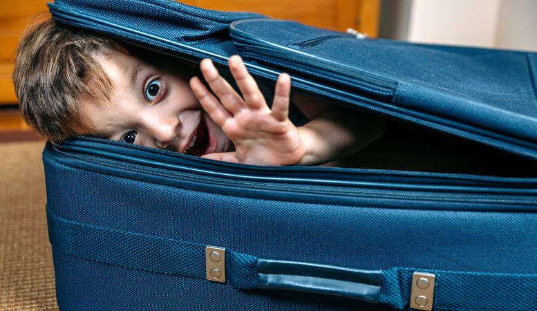 Funny boy smiling inside a suitcase