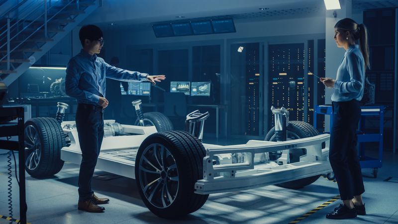 Automotive Design Engineer and Scientist with Tablet Discuss the Electric Car Chassis Prototype.