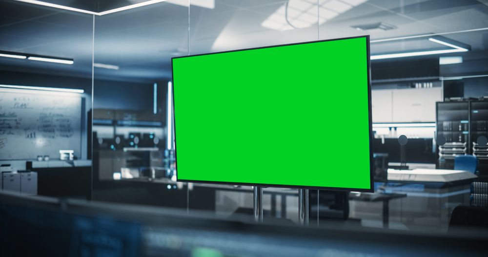 Empty Meeting Conference Room with Green Screen Mock Up TV Display.