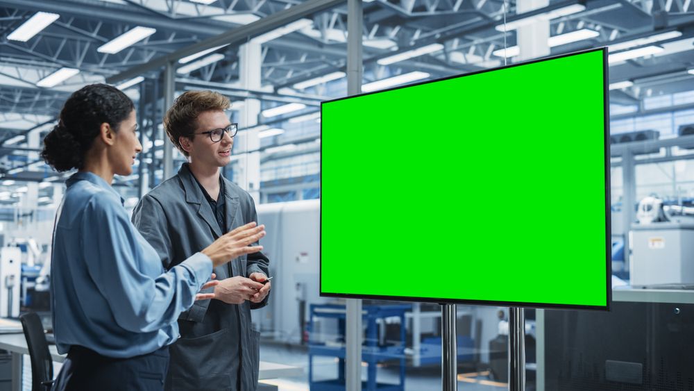 Male and female colleagues working from screen, mockup