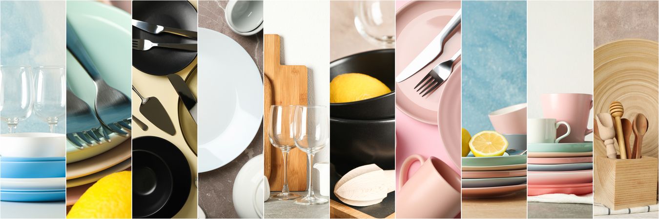Collage with different tableware on different backgrounds
