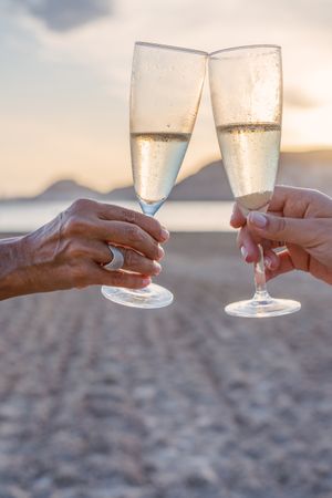 Crop women clinking wineglasses on beach during sunset