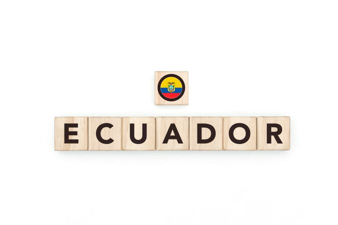 Wooden blocks bearing the name and flag of Ecuador.