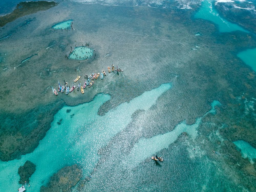 Looking down at sailboard above choral reefs of Porto de Galinhas