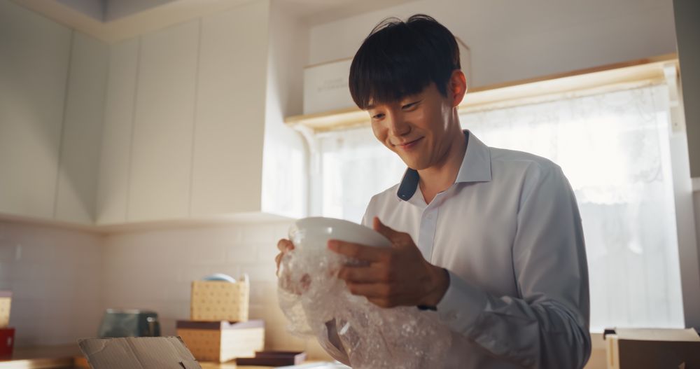 Portrait of Cute Korean Couple Unpacking Their Kitchen Dishes After Moving in to Their New Bright Apartment.