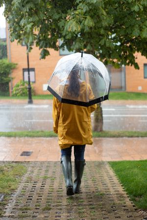 Woman in yellow raincoat and rubber boots with umbrella under rain