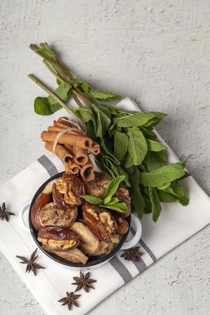 Dates fruits with walnuts, mint and cinnamon for Ramadan
