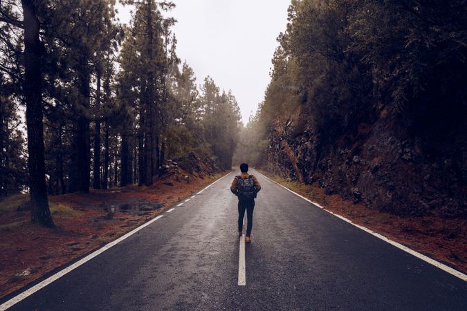Traveler walking on empty road in woods
