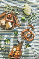 Summer picnic spread with pretzels, mojitos, meat and cheese board 0Lj6R4