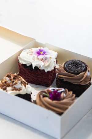 Assorted vegan desserts in paper box on table