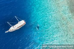 Aerial shot of boat with people swimming in tropical waters 5QyQm5