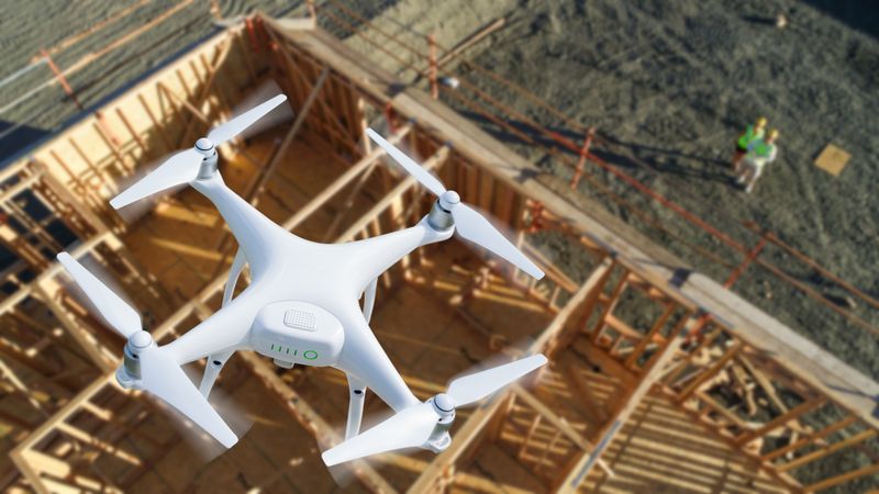 Unmanned Aircraft System Quadcopter Drone In The Air Over Construction Site
