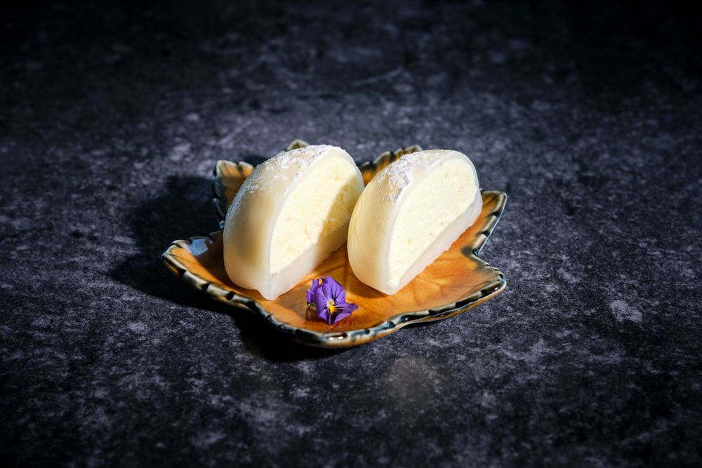 Delicious mochi dessert decorated with flower