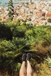 Bare legs in sneakers high above greenery and cityscape