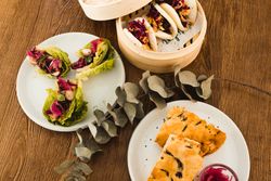 Plates on wooden plate