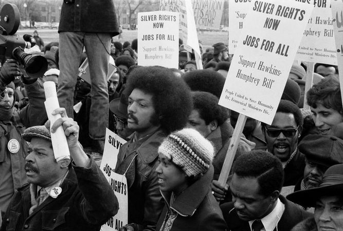 Reverend Jesse Jackson's march for jobs outside the White House, 1975