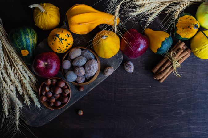 Top view of autumnal foods on wooden table