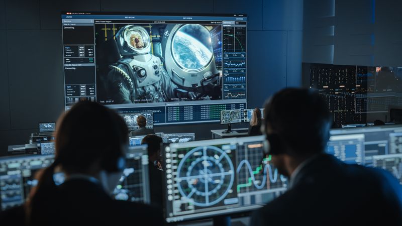 Mission Control Monitors Canine Astronaut in Space. Large Screen Displays Dog in Spacesuit