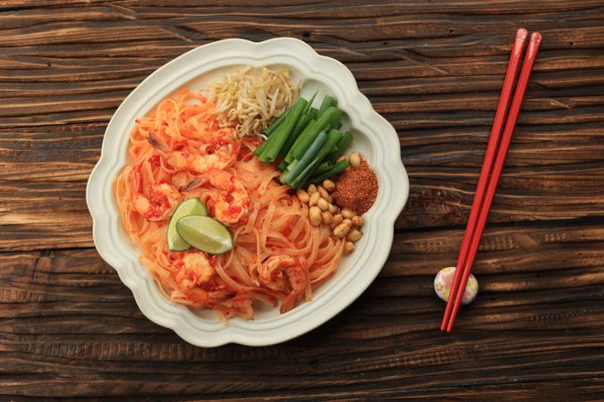 Top View Shrimp Pad Thai Made with Organic Rice Noodles