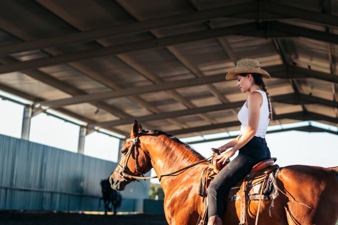 Woman riding a horse in an equestrian center