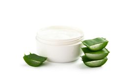 Composition with natural treatment accessories isolated on blank background. Aloe vera