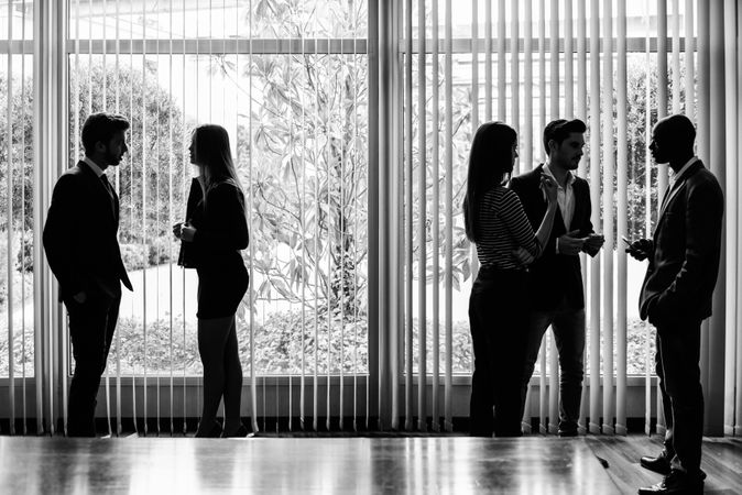 Monochrome image of colleagues standing near window in modern office