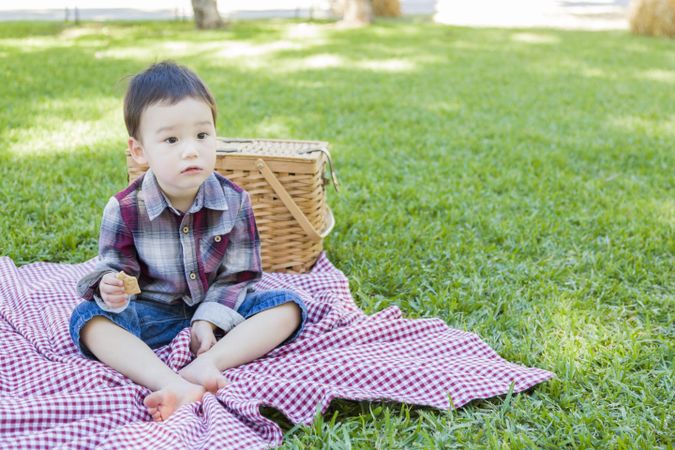 Young Boy Sitting in Park Near Picnic Basket
