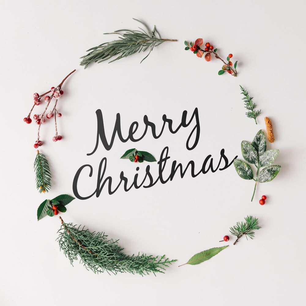 Minimalistic Christmas wreath made of winter branches and berries with “Merry Christmas”