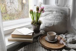 Pot of flower with cards and cosy cup of morning coffee