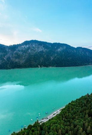 Drone image with Lake Sylvenstein and mountain peak in Bavarian Alps, Germany