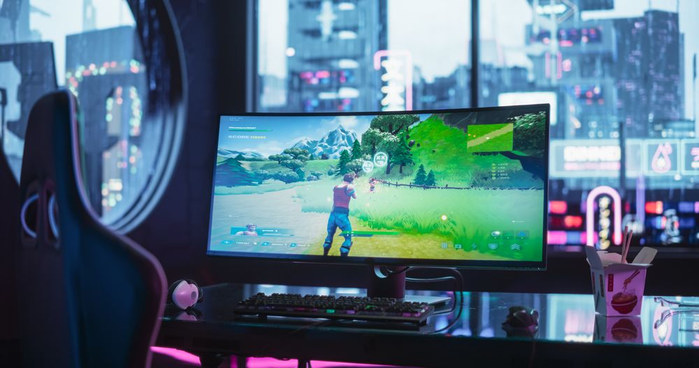 Empty Futuristic Cyberpunk Room with Neon Lights with a Professional Gaming Station.