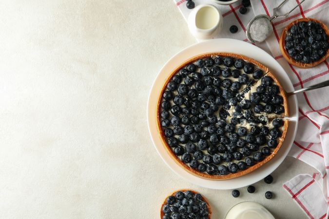 Concept of tasty lunch with blueberry pie on light background