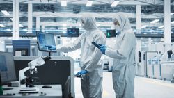 Side view of two people working in hazmat suits at register