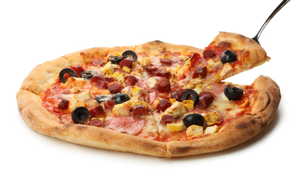Tasty pizza with meat isolated on neutral background