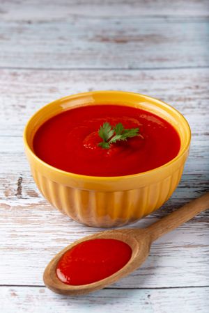 Delicious homemade tomato soup in bowl.
