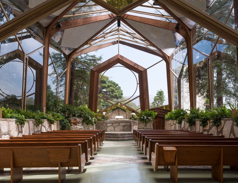 Geometric glass interior of Wayfarers Chapel