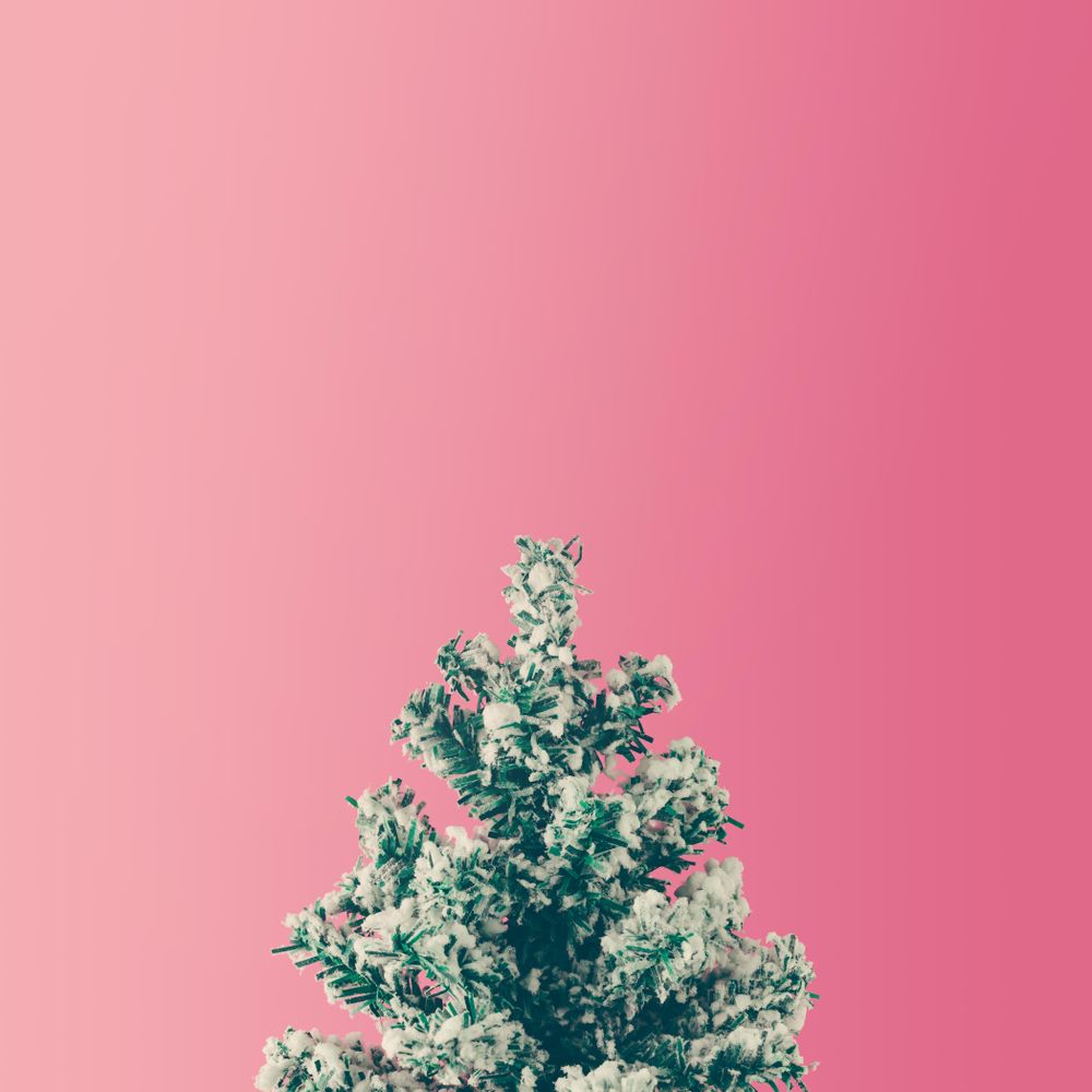 Snowy Christmas tree on gradient pink background
