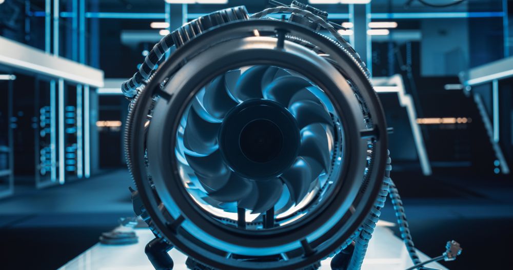 Close Up Photo From the Inside of a Combustion Chamber of an Advanced Futuristic Turbine Engine with a Rotating Fan.