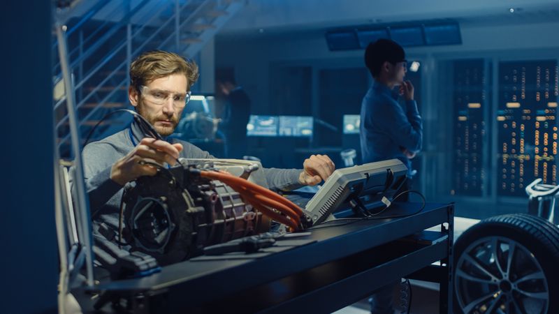 Professional Automotive Engineer in Glasses with a Computer and Inspection Tools is Testing an Used Electric Engine in a High Tech Laboratory with a Concept Car Chassis.