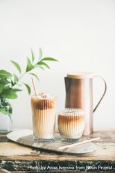 Two glasses of iced coffee and a pitcher, with light background with leaves 5R2GO5