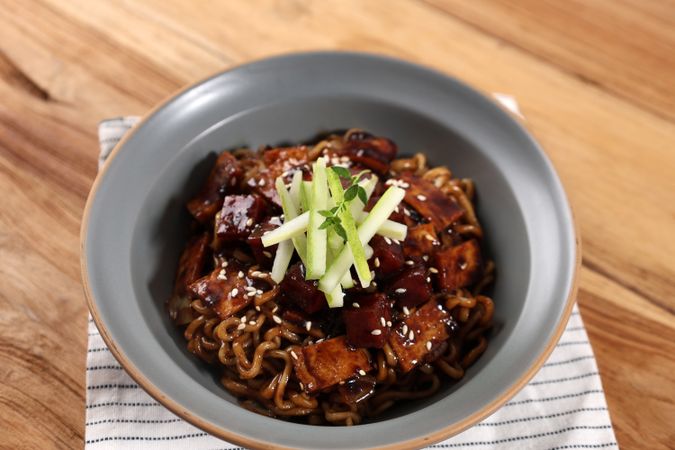 Korean Instant Noodle with Bean Sauce Topped Cucumber