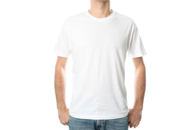 Men in blank t-shirt isolated on plain background, space for text