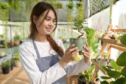 Smiling woman with bonsai plant