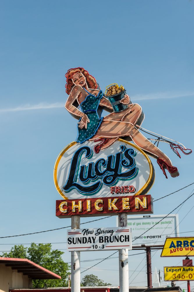 Lucy's Fried Chicken neon sign on Burnet Road in Austin, Texas