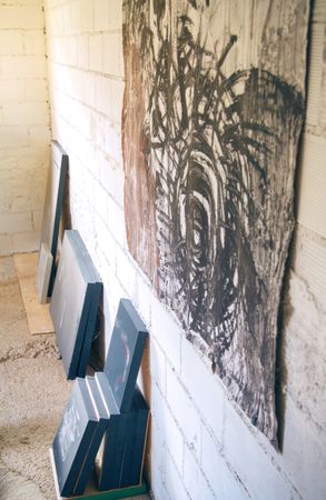 Set of finished modern artworks in artist studio